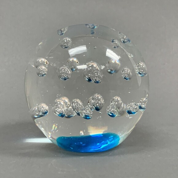 Clear Glass Blue Bubbles Round Paperweight - Picture 1 of 12